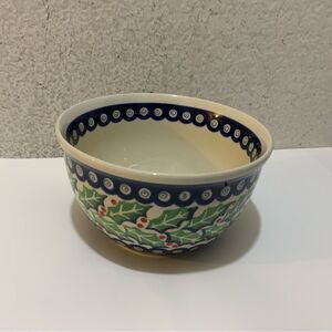 Boleslawiec Polish Pottery Christmas Holly Pinecones Serving Bowl Dish